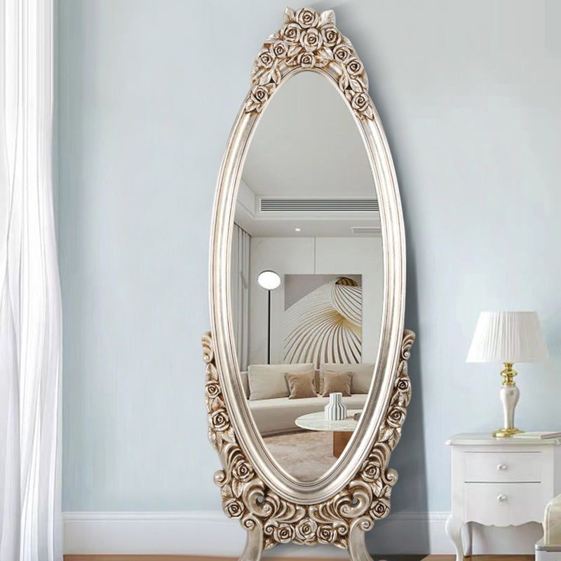 Miroir pleine longueur en verre flotté à cadre ovale européen traditionnel en PU imitation bois pour chambre à coucher 