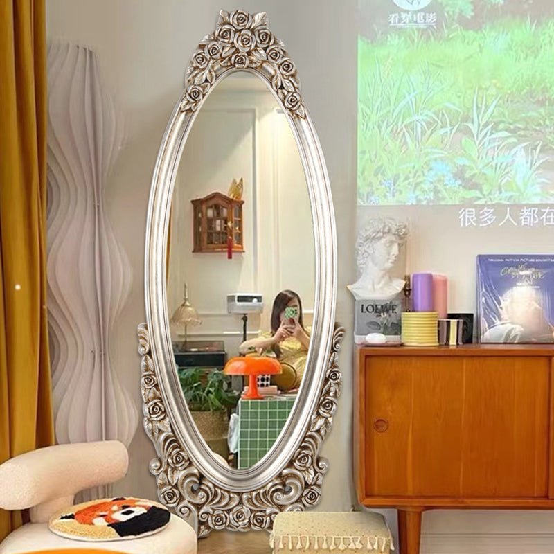 Miroir pleine longueur en verre flotté à cadre ovale européen traditionnel en PU imitation bois pour chambre à coucher 