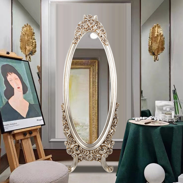 Miroir pleine longueur en verre flotté à cadre ovale européen traditionnel en PU imitation bois pour chambre à coucher 