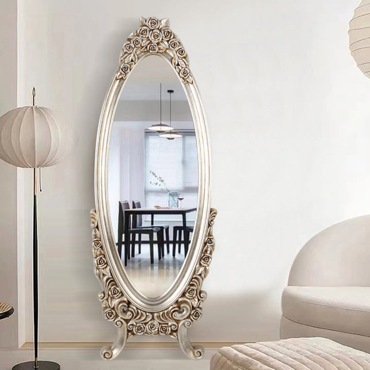 Miroir pleine longueur en verre flotté à cadre ovale européen traditionnel en PU imitation bois pour chambre à coucher 