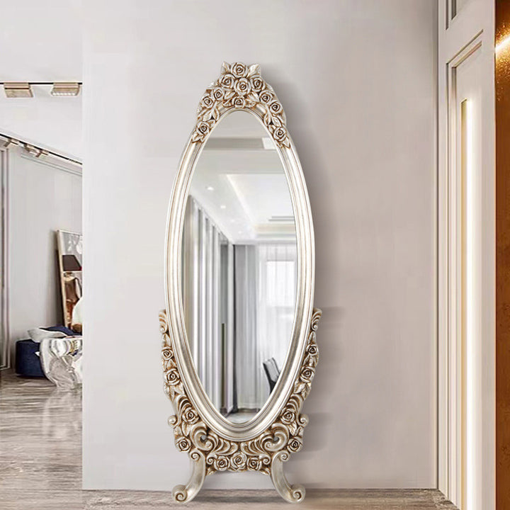 Miroir pleine longueur en verre flotté à cadre ovale européen traditionnel en PU imitation bois pour chambre à coucher 