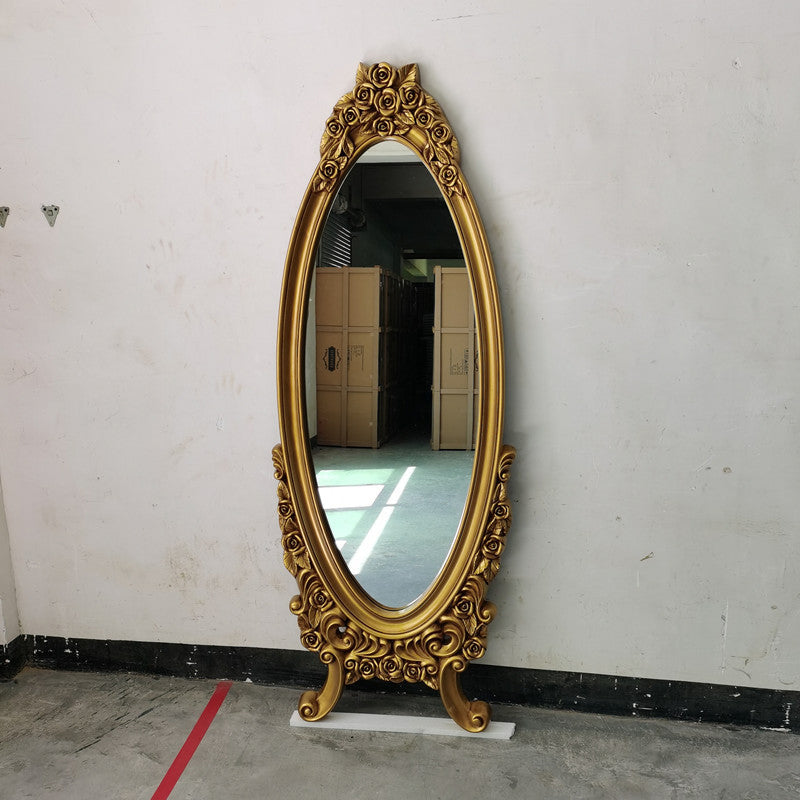 Miroir pleine longueur en verre flotté à cadre ovale européen traditionnel en PU imitation bois pour chambre à coucher 
