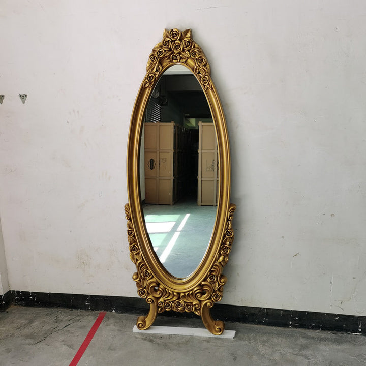 Miroir pleine longueur en verre flotté à cadre ovale européen traditionnel en PU imitation bois pour chambre à coucher 