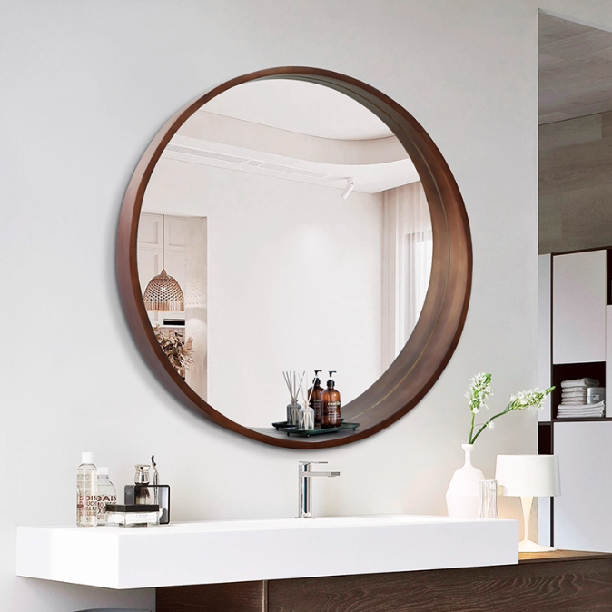 Miroir mural rond contemporain scandinave en bois de pin massif et verre flotté pour chambre à coucher 