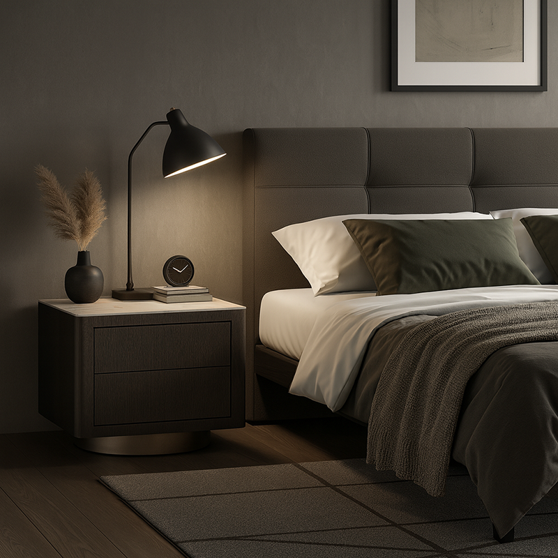 Traditional Vintage Square Nightstand: White Stone Slab-Top Dual-Drawer American-Style Veneered - Solid Wood Texture Bedside Table For Bedroom