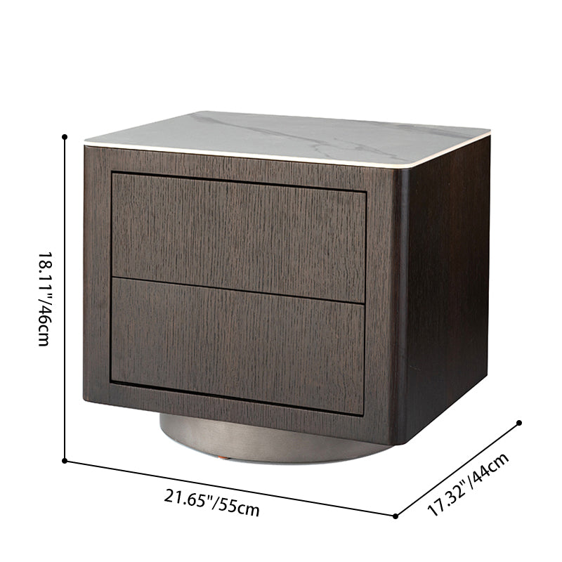 Traditional Vintage Square Nightstand: White Stone Slab-Top Dual-Drawer American-Style Veneered - Solid Wood Texture Bedside Table For Bedroom