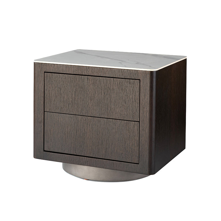 Traditional Vintage Square Nightstand: White Stone Slab-Top Dual-Drawer American-Style Veneered - Solid Wood Texture Bedside Table For Bedroom