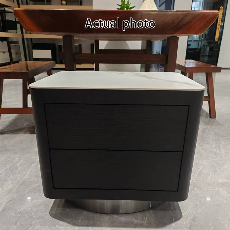 Traditional Vintage Square Nightstand: White Stone Slab-Top Dual-Drawer American-Style Veneered - Solid Wood Texture Bedside Table For Bedroom