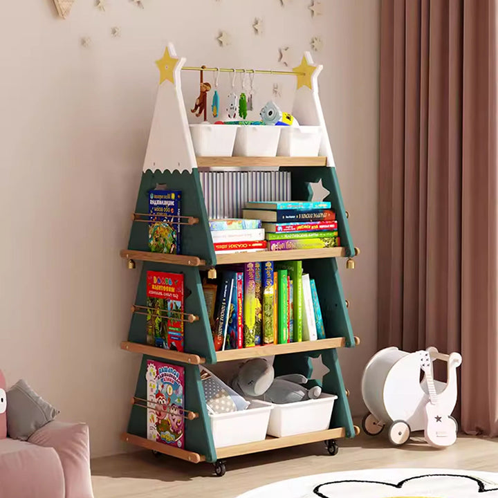 Contemporary Creative Triangle Christmas Tree-Shaped Red Oak Solid Wood ABS Christmas Bookshelf 4-Tier For Bedroom & Living Room