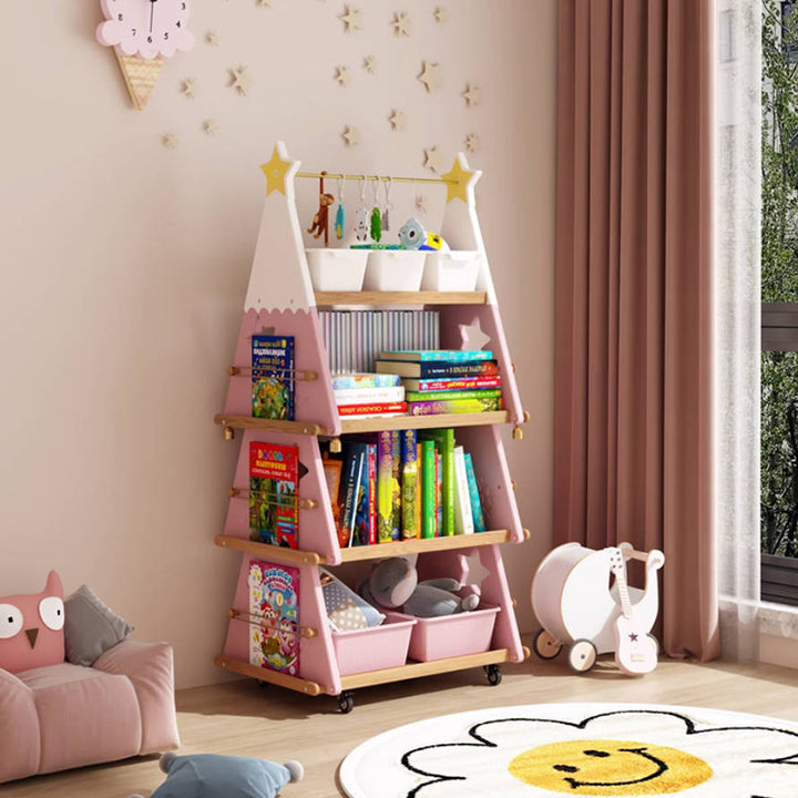 Contemporary Creative Triangle Christmas Tree-Shaped Red Oak Solid Wood ABS Christmas Bookshelf 4-Tier For Bedroom & Living Room