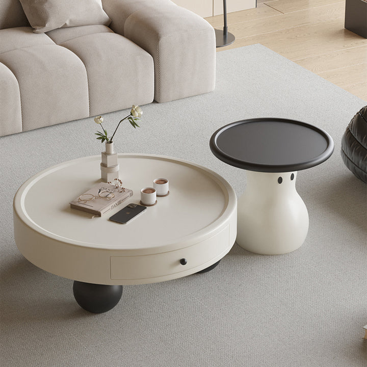Zeitgenössischer skandinavischer runder Mehrschicht-Massivholzpaneel aus massivem Kiefernholz, Fiberglas-Schneemann-Couchtisch-Kombination mit 1 Schublade für das Wohnzimmer 