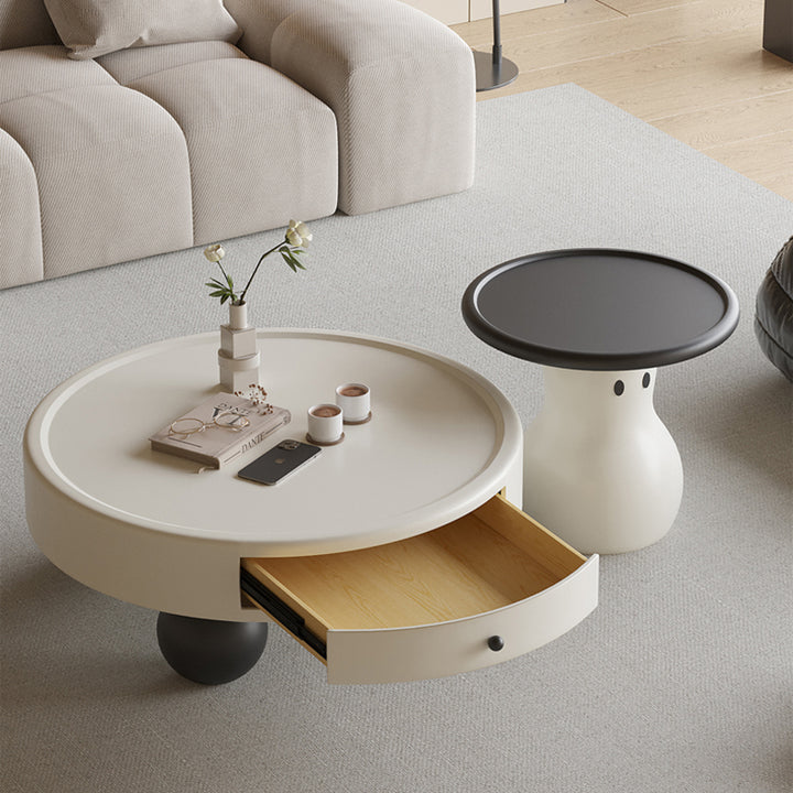 Zeitgenössischer skandinavischer runder Mehrschicht-Massivholzpaneel aus massivem Kiefernholz, Fiberglas-Schneemann-Couchtisch-Kombination mit 1 Schublade für das Wohnzimmer 