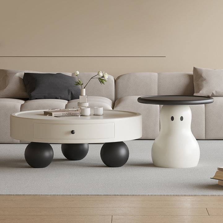 Zeitgenössischer skandinavischer runder Mehrschicht-Massivholzpaneel aus massivem Kiefernholz, Fiberglas-Schneemann-Couchtisch-Kombination mit 1 Schublade für das Wohnzimmer 