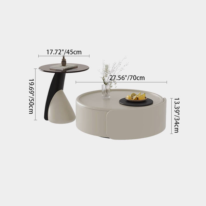 Table basse contemporaine scandinave ronde en panneaux de bois massif multicouches avec verre trempé et fibre de verre, combinaison avec 1 tiroir pour salon 