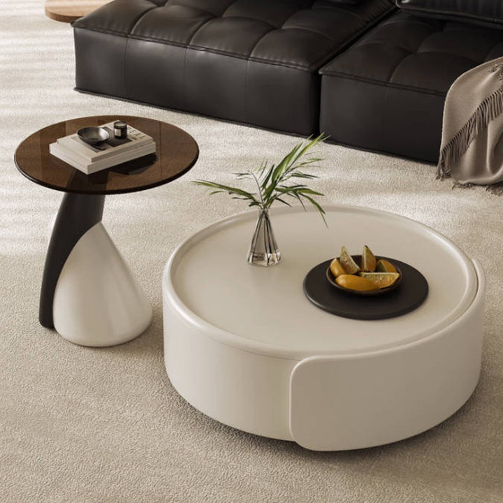 Table basse contemporaine scandinave ronde en panneaux de bois massif multicouches avec verre trempé et fibre de verre, combinaison avec 1 tiroir pour salon 