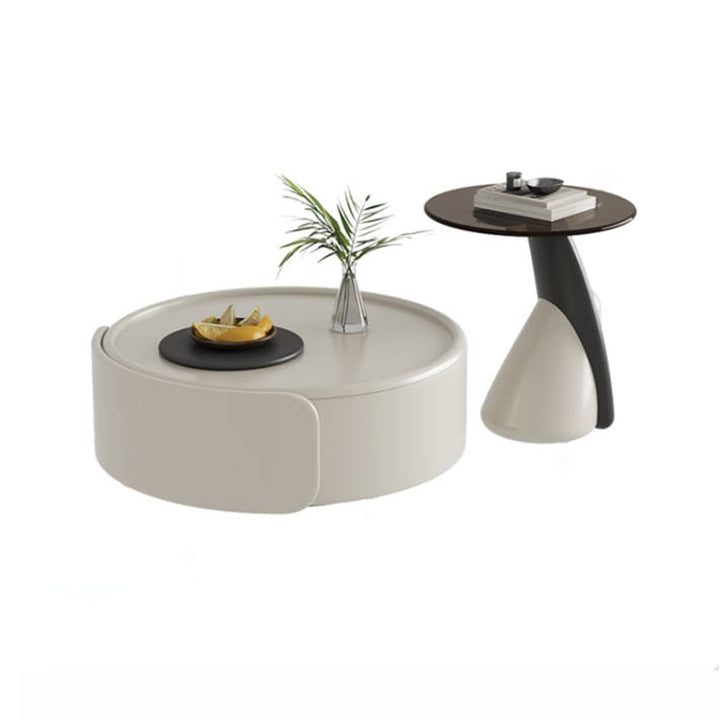 Contemporary Scandinavian Round Multi-Layer Solid Wood Panel Tempered Glass Fiberglass Coffee Table Combination With 1-Drawer For Living Room