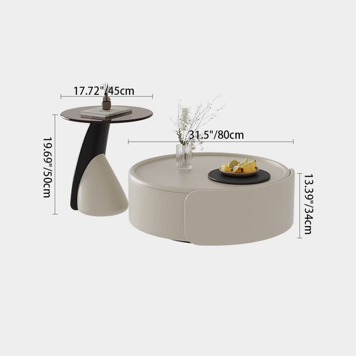 Contemporary Scandinavian Round Multi-Layer Solid Wood Panel Tempered Glass Fiberglass Coffee Table Combination With 1-Drawer For Living Room
