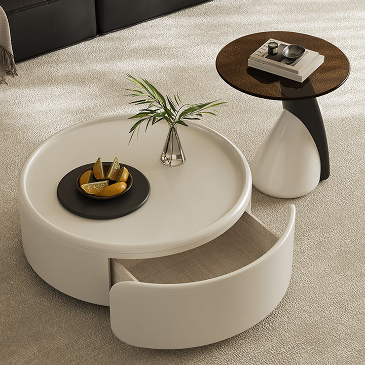 Contemporary Scandinavian Round Multi-Layer Solid Wood Panel Tempered Glass Fiberglass Coffee Table Combination With 1-Drawer For Living Room