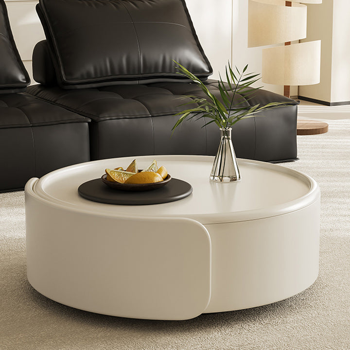 Contemporary Scandinavian Round Multi-Layer Solid Wood Panel Tempered Glass Fiberglass Coffee Table Combination With 1-Drawer For Living Room