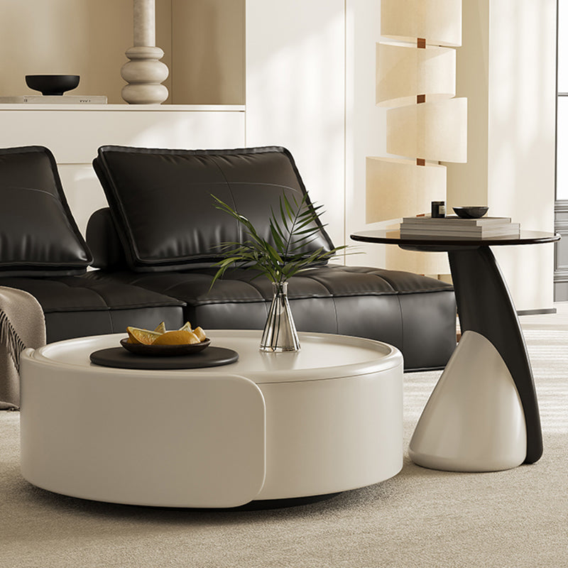Contemporary Scandinavian Round Multi-Layer Solid Wood Panel Tempered Glass Fiberglass Coffee Table Combination With 1-Drawer For Living Room