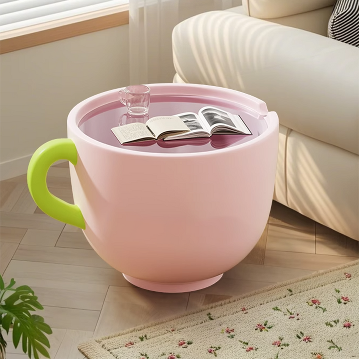 Contemporary Creative Round Resin Tempered Glass Coffee Cup-Shaped Kids Storage Side Table 1-Cabinet For Living Room