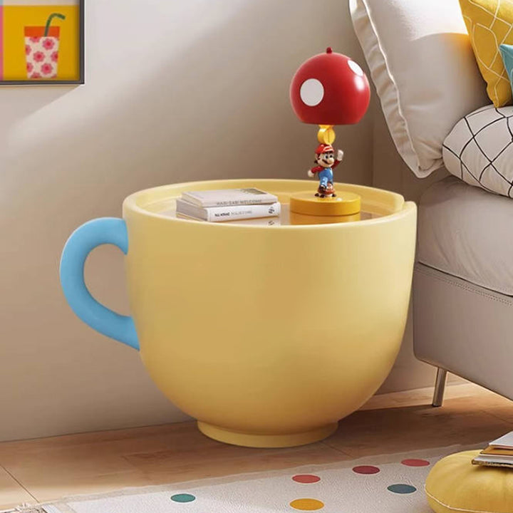 Contemporary Creative Round Resin Tempered Glass Coffee Cup-Shaped Kids Storage Side Table 1-Cabinet For Living Room