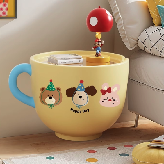 Contemporary Creative Round Resin Tempered Glass Coffee Cup-Shaped Kids Storage Side Table 1-Cabinet For Living Room
