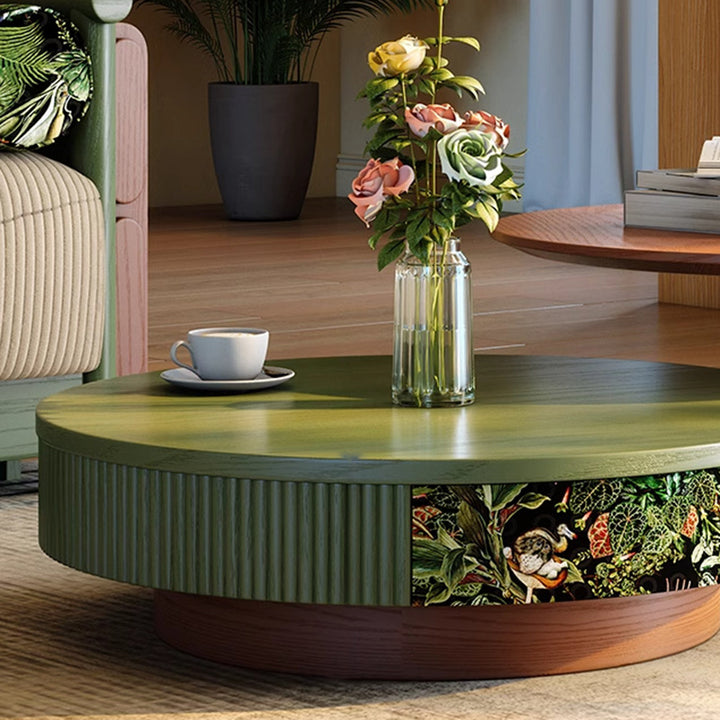 Traditioneller französischer runder Massivholz-Mehrschicht-Massivholzplatte Samtstoff Couchtisch 1-Schublade für Wohnzimmer 