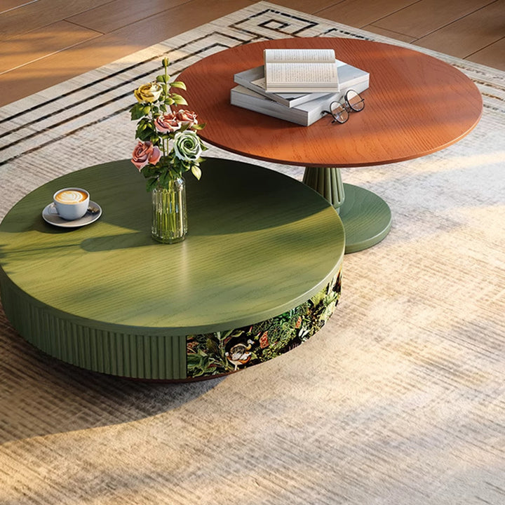 Traditioneller französischer runder Massivholz-Mehrschicht-Massivholzplatte Samtstoff Couchtisch 1-Schublade für Wohnzimmer 
