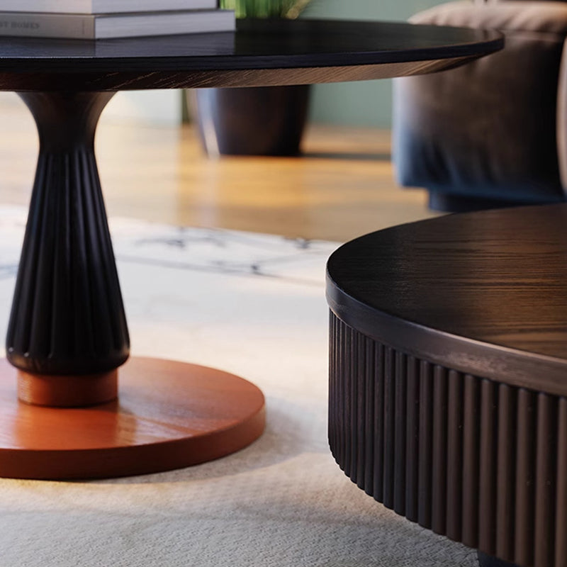 Traditioneller französischer runder Massivholz-Mehrschicht-Massivholzplatte Samtstoff Couchtisch 1-Schublade für Wohnzimmer 