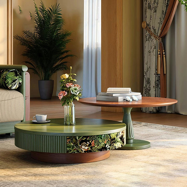 Traditioneller französischer runder Massivholz-Mehrschicht-Massivholzplatte Samtstoff Couchtisch 1-Schublade für Wohnzimmer 