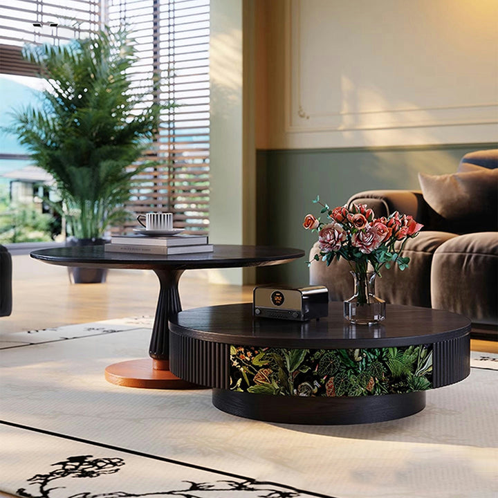 Traditioneller französischer runder Massivholz-Mehrschicht-Massivholzplatte Samtstoff Couchtisch 1-Schublade für Wohnzimmer 