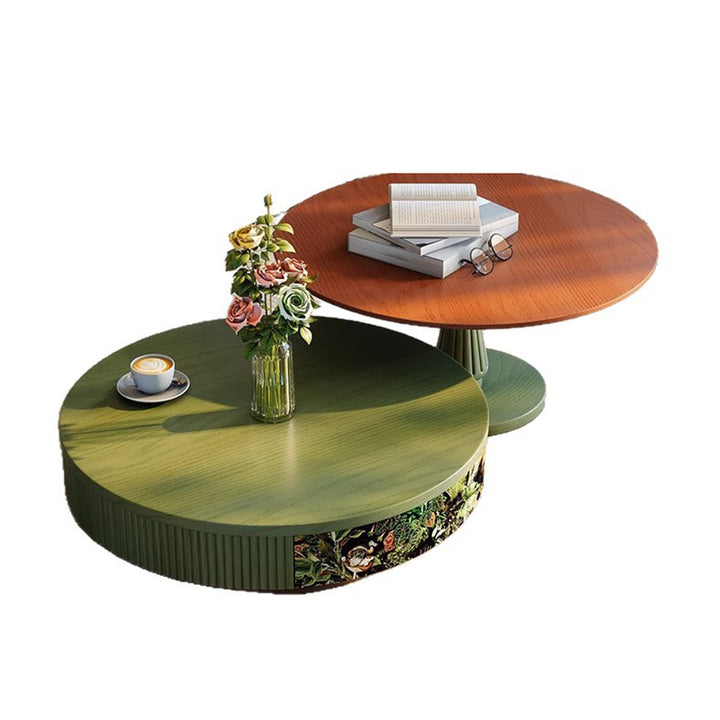 Traditioneller französischer runder Massivholz-Mehrschicht-Massivholzplatte Samtstoff Couchtisch 1-Schublade für Wohnzimmer 