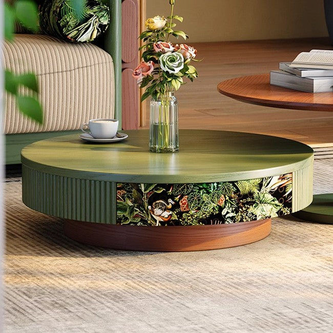 Traditioneller französischer runder Massivholz-Mehrschicht-Massivholzplatte Samtstoff Couchtisch 1-Schublade für Wohnzimmer 