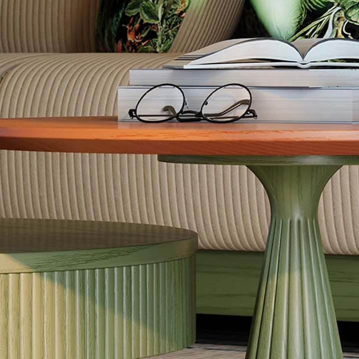 Traditioneller französischer runder Massivholz-Mehrschicht-Massivholzplatte Samtstoff Couchtisch 1-Schublade für Wohnzimmer 