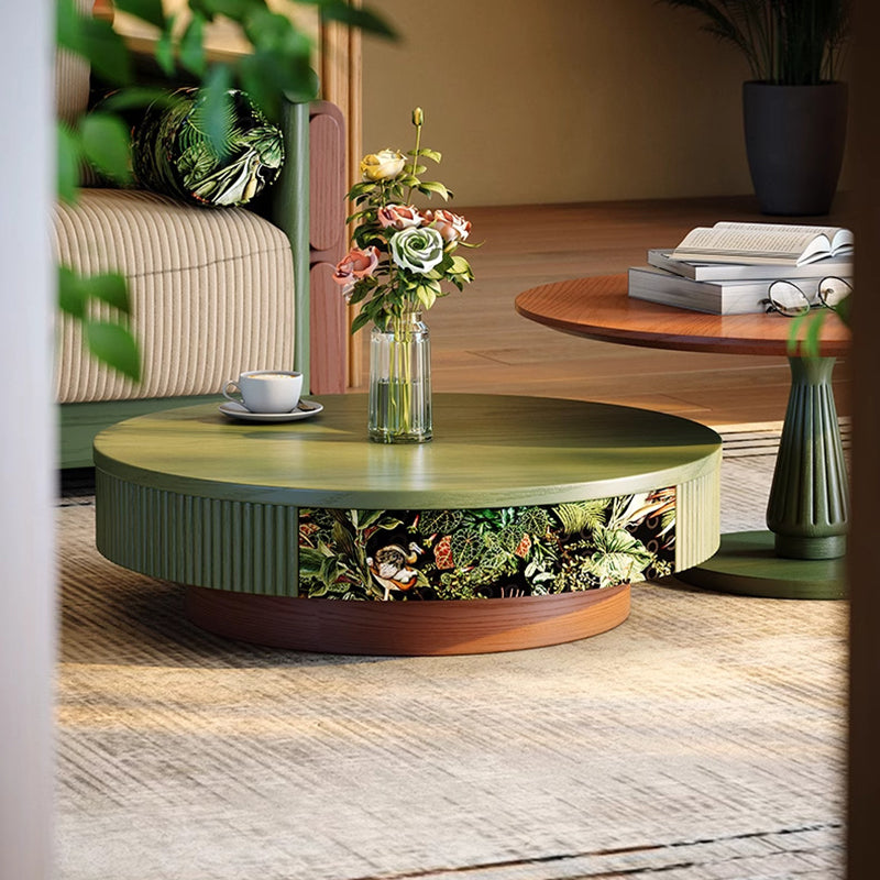 Traditioneller französischer runder Massivholz-Mehrschicht-Massivholzplatte Samtstoff Couchtisch 1-Schublade für Wohnzimmer 