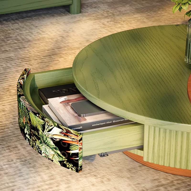 Traditioneller französischer runder Massivholz-Mehrschicht-Massivholzplatte Samtstoff Couchtisch 1-Schublade für Wohnzimmer 