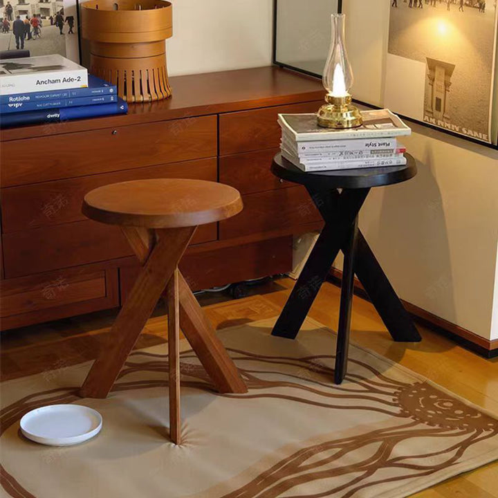 Mesa Auxiliar Redonda Tradicional Vintage de Madera de Pino Macizo para Sala de Estar 