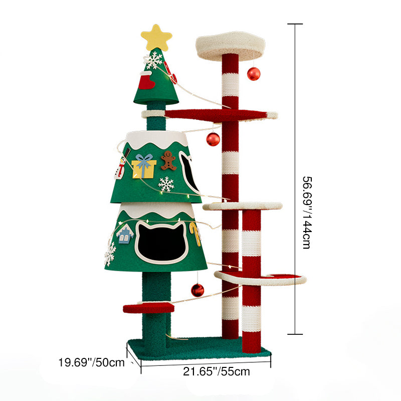 Árbol de Navidad para gatos contemporáneo creativo rectangular de tablero de fibra de densidad media tubo de papel cuerda de papel kraft tela de terciopelo de 4 niveles para sala de estar 