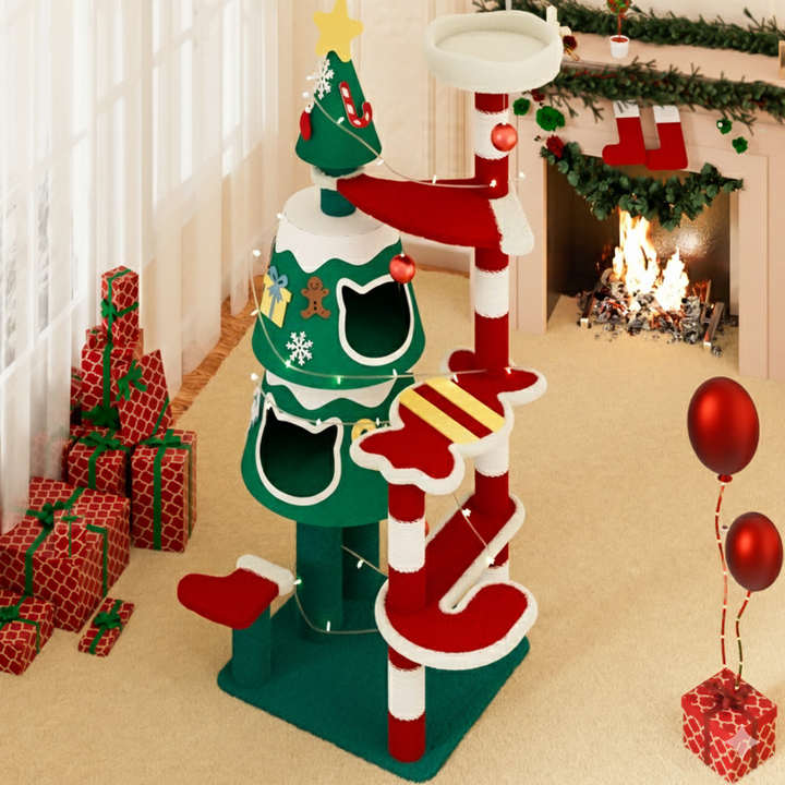 Árbol de Navidad para gatos contemporáneo creativo rectangular de tablero de fibra de densidad media tubo de papel cuerda de papel kraft tela de terciopelo de 4 niveles para sala de estar 
