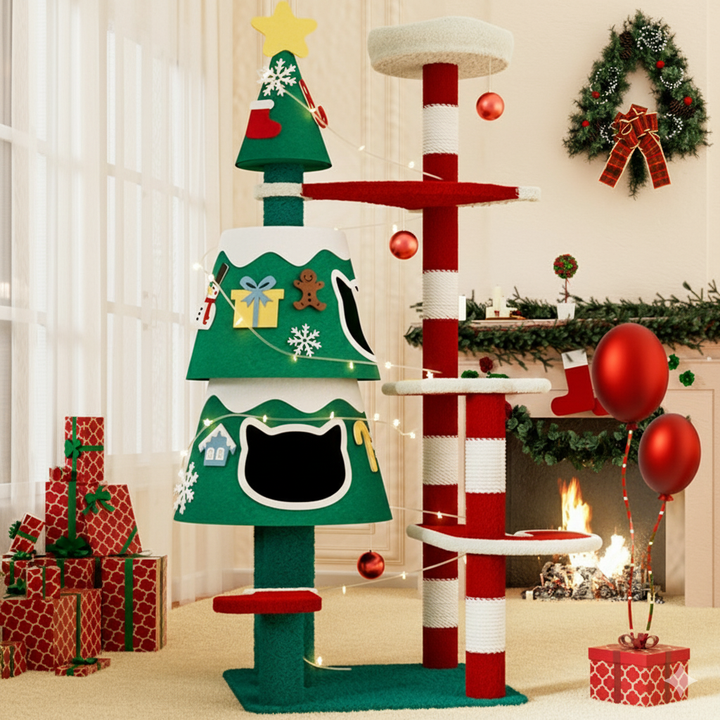Árbol de Navidad para gatos contemporáneo creativo rectangular de tablero de fibra de densidad media tubo de papel cuerda de papel kraft tela de terciopelo de 4 niveles para sala de estar 
