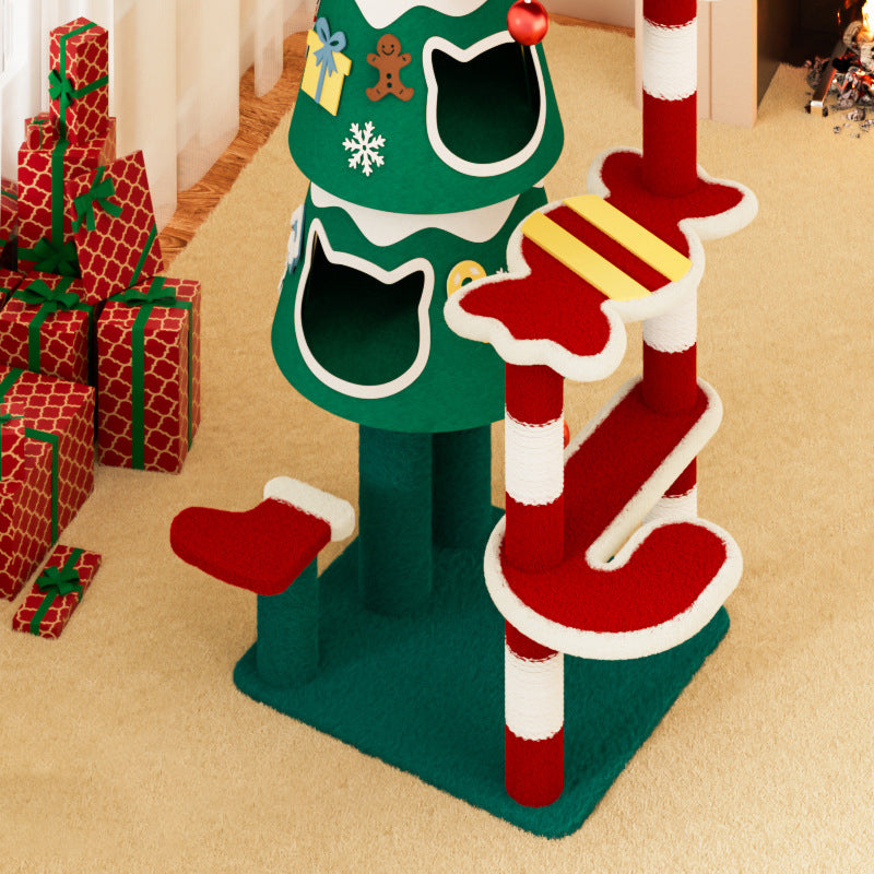 Árbol de Navidad para gatos contemporáneo creativo rectangular de tablero de fibra de densidad media tubo de papel cuerda de papel kraft tela de terciopelo de 4 niveles para sala de estar 