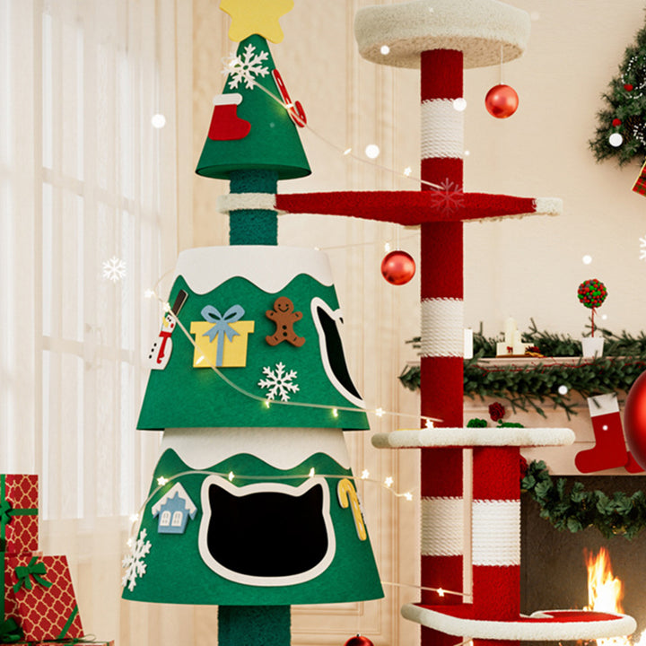 Árbol de Navidad para gatos contemporáneo creativo rectangular de tablero de fibra de densidad media tubo de papel cuerda de papel kraft tela de terciopelo de 4 niveles para sala de estar 
