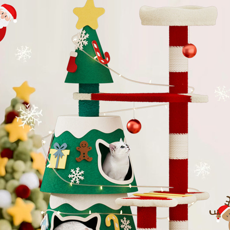 Árbol de Navidad para gatos contemporáneo creativo rectangular de tablero de fibra de densidad media tubo de papel cuerda de papel kraft tela de terciopelo de 4 niveles para sala de estar 