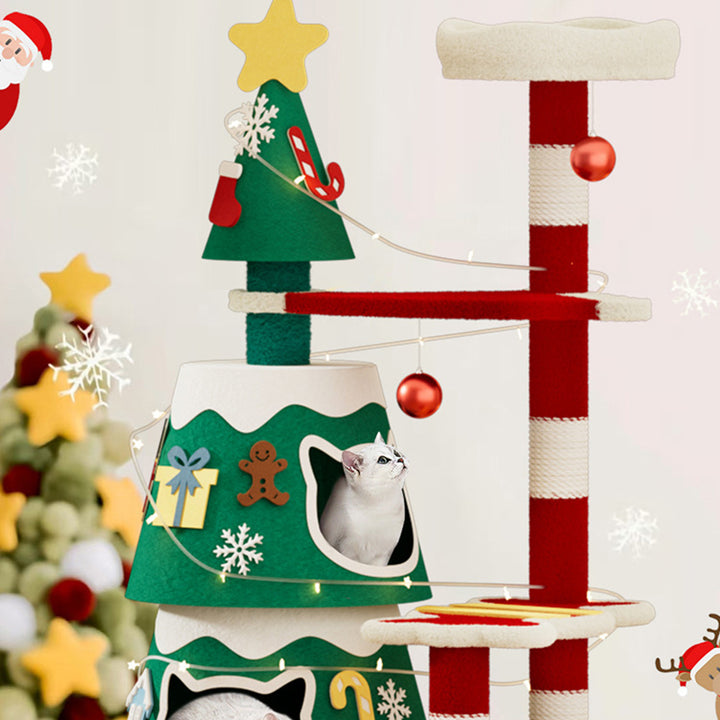 Árbol de Navidad para gatos contemporáneo creativo rectangular de tablero de fibra de densidad media tubo de papel cuerda de papel kraft tela de terciopelo de 4 niveles para sala de estar 