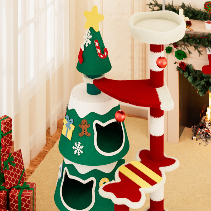Árbol de Navidad para gatos contemporáneo creativo rectangular de tablero de fibra de densidad media tubo de papel cuerda de papel kraft tela de terciopelo de 4 niveles para sala de estar 