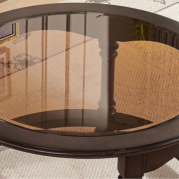 Traditional Vintage Round Mahogany Pine Wood Tempered Glass Combination Coffee Table 2-Drawer For Living Room