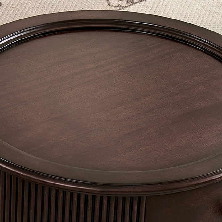 Traditional Vintage Round Mahogany Pine Wood Tempered Glass Combination Coffee Table 2-Drawer For Living Room