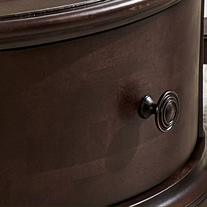 Traditional Vintage Round Mahogany Pine Wood Tempered Glass Combination Coffee Table 2-Drawer For Living Room
