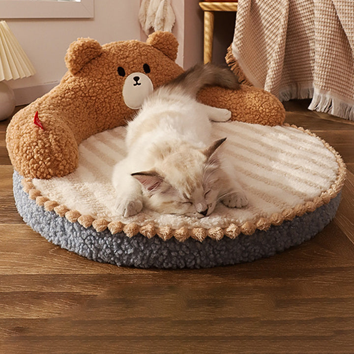Lit pour chat en forme d’ours et de chaton, en velours rond contemporain, rembourré de coton PP, pour chambre à coucher 